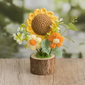 Finished Hand-Woven Potted Plant Yarn Crochet Sunflower Bouquet Handmade Gift Home Decor Knitted Artificial Flower