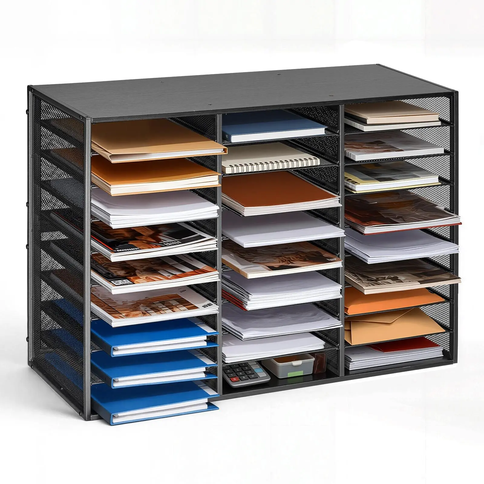 【DealsForYouDays】VEVOR 27-Compartment Metal Office Mailbox File Storage Organizer with Detachable Wire Mesh, Wooden Top, Easy-to-Clean Surface, Flexible Design, Countertop Office Accessory