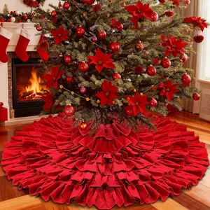 Red Christmas Tree Skirt 48 inches, Large 6-Layer Ruffle Fluffy Poinsettia Tree Skirt for 5-6.5 FT Artificial Trees, Red Rustic  Farmhouse Christmas Decorations