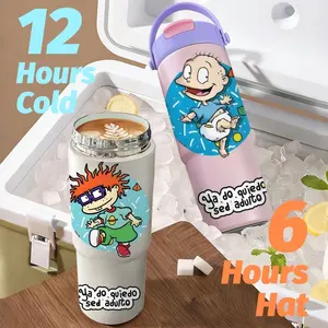 Cartoon R-Rugrats Vacuum Flasks New Upgrade Multi-Use Insulated Travel Mug – Ceramic Lined Tumbler with Tea Infuser, Hidden Straw & Non-Slip Base, Vacuum Cold Retention Coffee Water Bottle 700ml