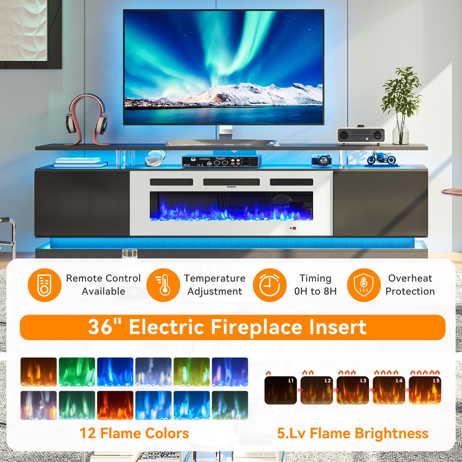 Aoxun 70" Fireplace TV Stand Modern Entertainment Center for TVs Up to 80" with Storage Cabinets Media Console for Living Room Black TV Stand and White Fireplace