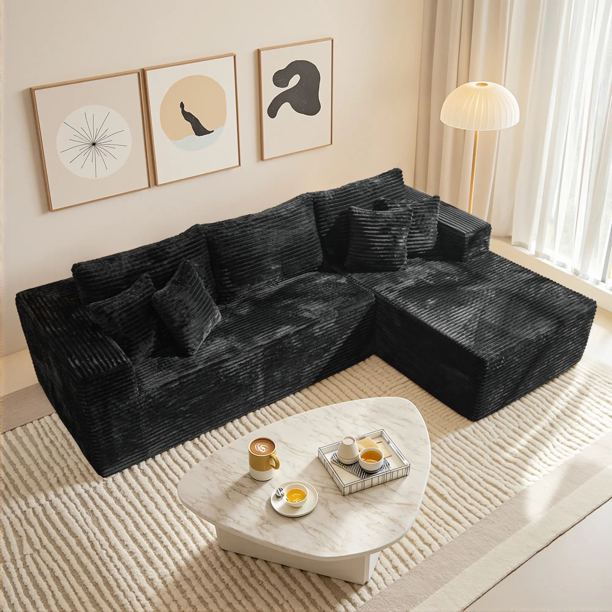 3 Seat Black L Shape Sofa Right Chaise