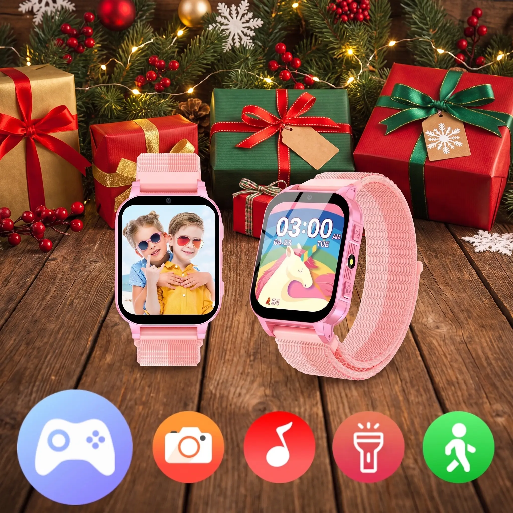 CJC Kids' Pink Smart Watch - HD Touchscreen, 30 Educational Games, 140 Learning Flash Cards, Camera, Music, Pedometer - Christmas Gifts for Kids Ages 4-12 Birthday Present for Boys & Girls