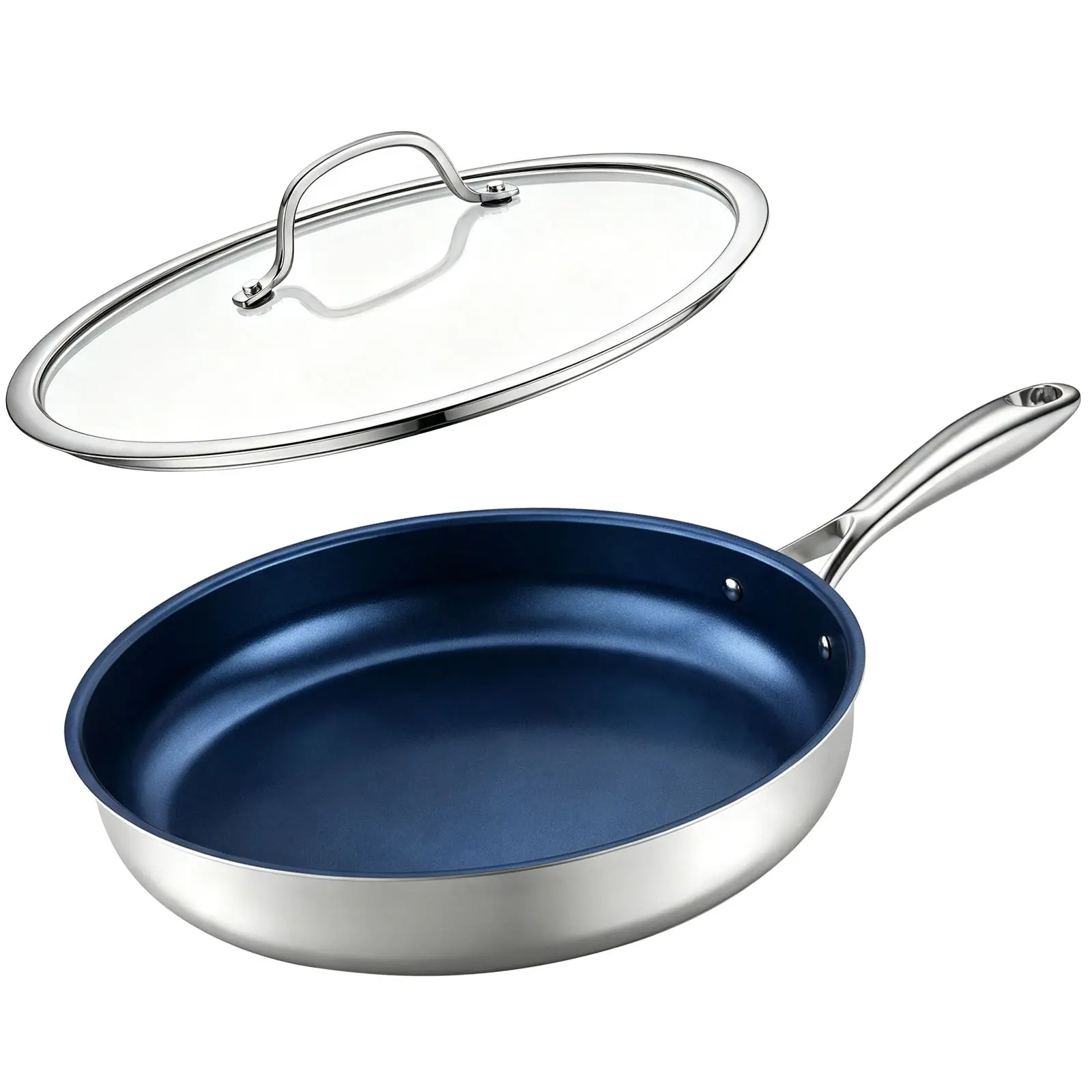 Titanium Skillet with Lid - 2.8mm Non-Toxic Induction Cookware, Blue Non-Stick Frying Pan, Wood Handle Steel Handle Option