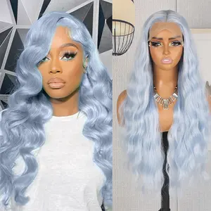 QD-Tizer Light Blue Long Wave Curly Hair Wigs 13x4 Glueless Synthetic Lace Front Wigs for Women Body Wave Long Hair Heat Resistant Fiber 26inches Party Cosplay Wig