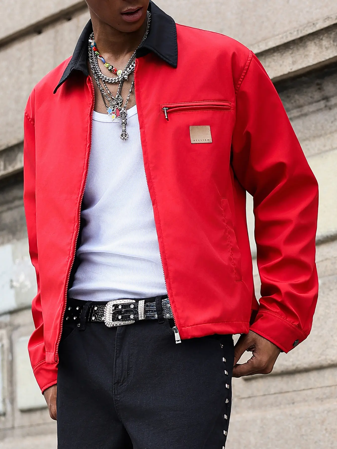 Unisex red zip up cropped Coach jacket with contrasting collar – black collar detail, smooth wind resistant fabric, leather label, multiple pockets, American cleanfit high street style for spring and fall streetwear