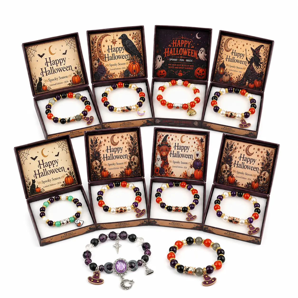 Halloween Bracelet with Natural Chalcedony Ghost Pumpkin Round Tube UV-Printed Pendant — Halloween Pumpkin Bracelet — Cute Halloween Bracelet for Women