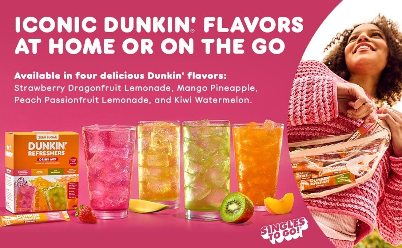 Dunkin’ Refreshers Singles To Go! Powdered drink mix packets, Strawberry Dragon fruit Lemonade, 10 packets per box , Energy from Green Tea, aspartame-free, no synthetic colors, naturally and artificially flavored, just add water