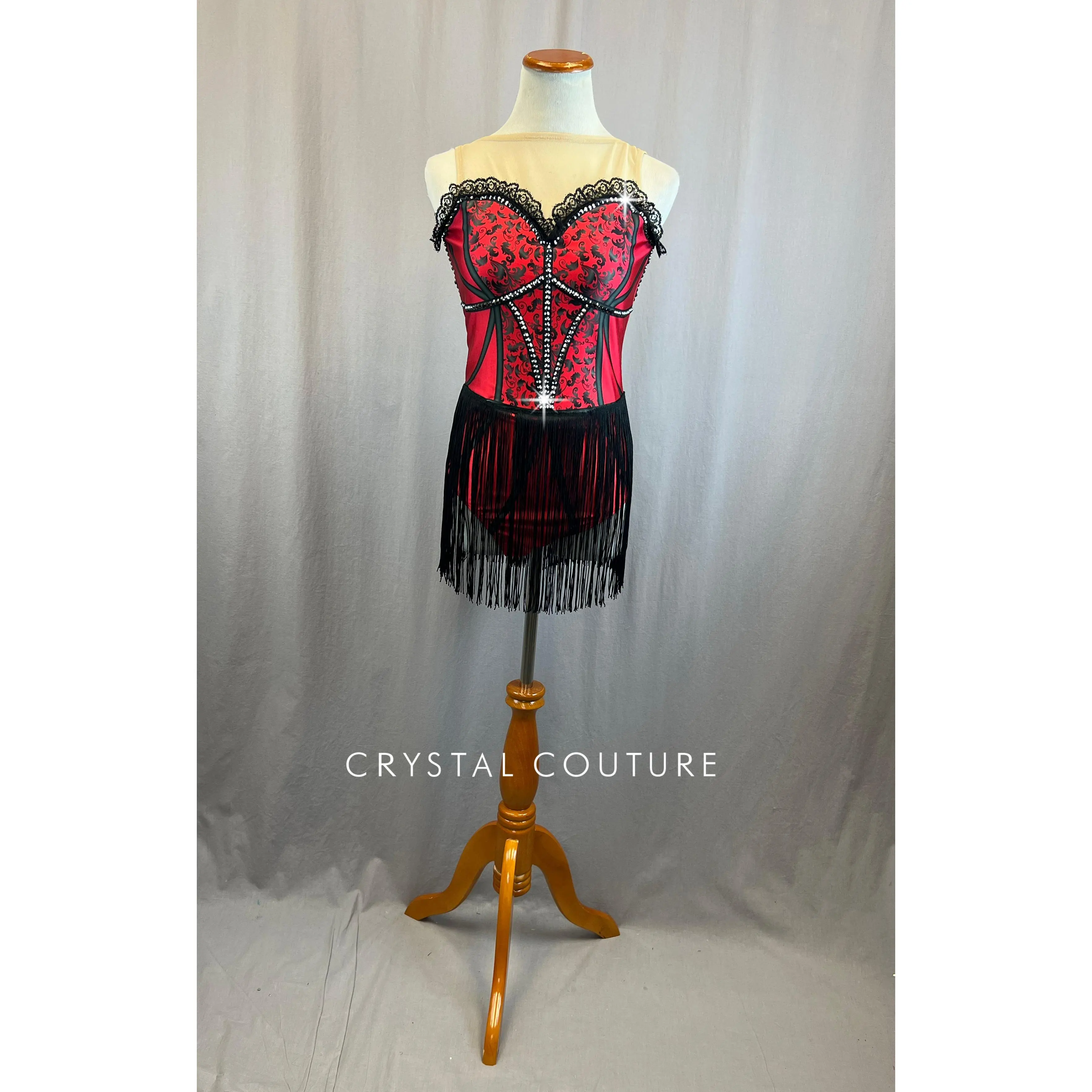 Black and Red Screen Printed Lycra Backless Leotard with Rhinestones and Fringe