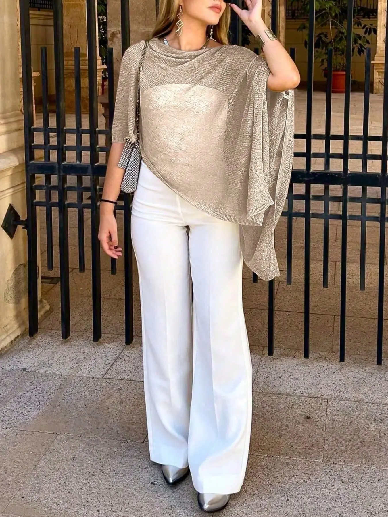 Plus Size Loose Elegant Asymmetric Knit Cape Top, Casual Draped Cowl Neck Poncho Blouse, Winter Party Wedding Tops for Women
