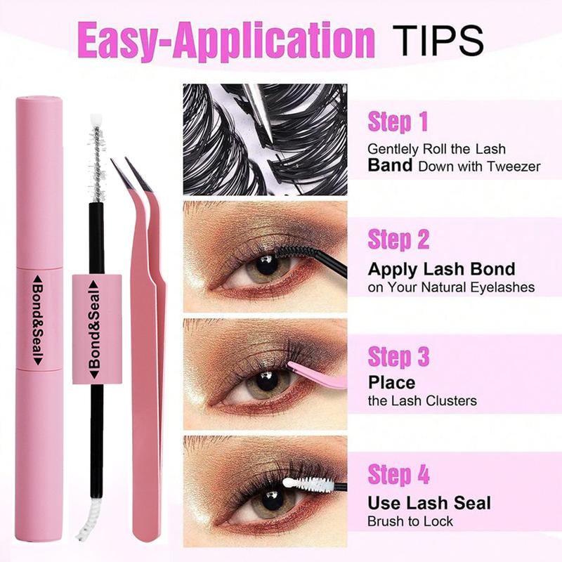 Complete DIY Eyelash Extension Kit – Individual Lashes Clusters with Bond, Seal & Tweezers, 10-16mm, D Curl, 30D/40D/50D Volume, Great for Beginners & Holiday Gift for Her