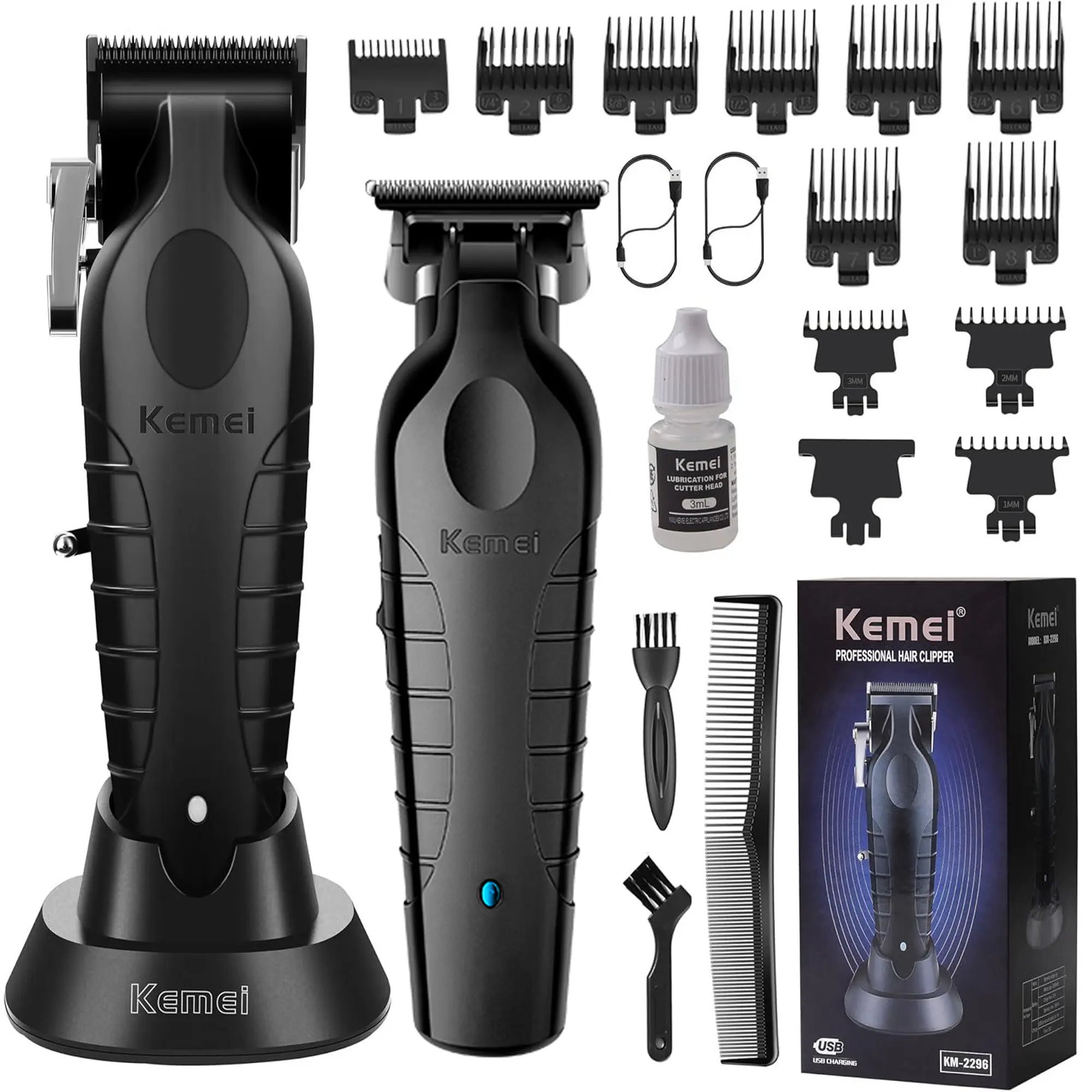 KEMEI Professional Smooth Hair Clipper & Trimmer Kit for Men - Cord-Cordless, Battery-Powered Handheld 0-Gapped T-Blade Barber Tool with USB Rechargeable, Durable Stainless Steel Handle (KM-2299, KM-2296) for Beard Grooming, Haircut Use