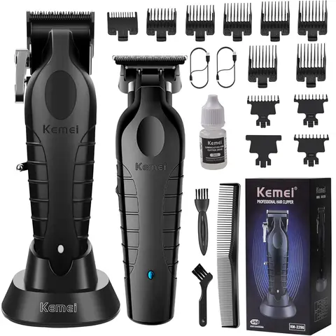 KEMEI Professional Barber Clipper Set - Cord-Cordless, Battery-Powered Compact Self-Grooming Kit with 0-Gap T-Blade, USB Rechargeable, Stainless Steel Handle (KM-2299, KM-2296) for Men’s Face, Home Use, All Hair Types, Pro Results
