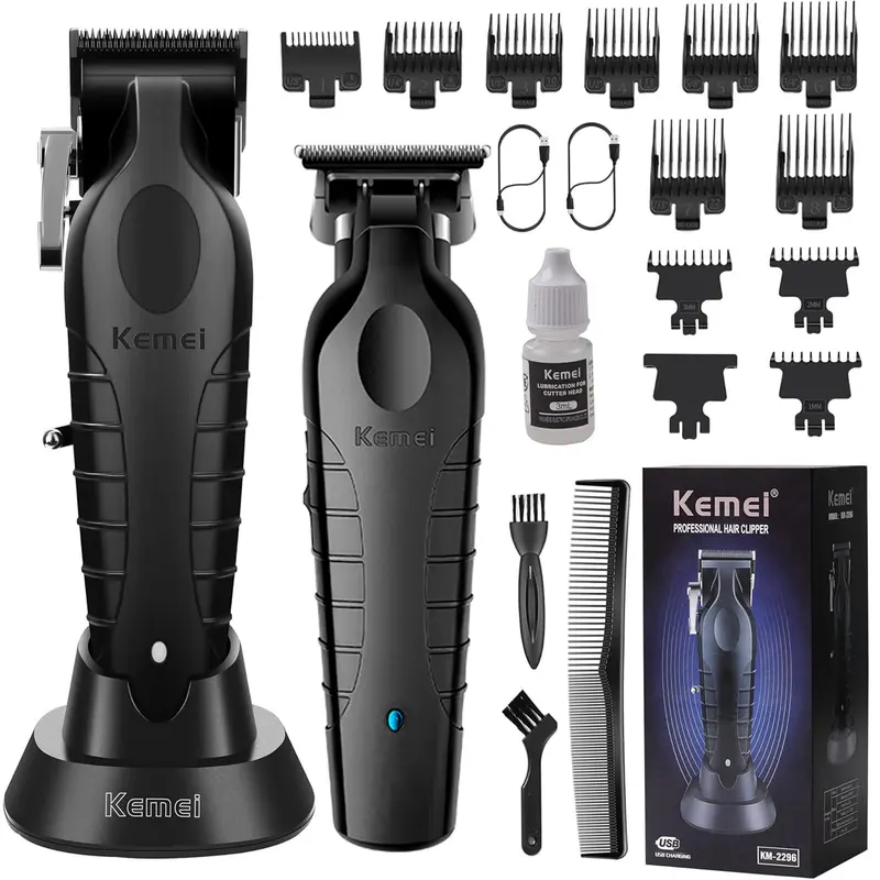 KEMEI Professional Barber Clipper Set - Cord-Cordless, Battery-Powered Compact Self-Grooming Kit with 0-Gap T-Blade, USB Rechargeable, Stainless Steel Handle (KM-2299, KM-2296) for Men’s Face, Home Use, All Hair Types, Pro Results
