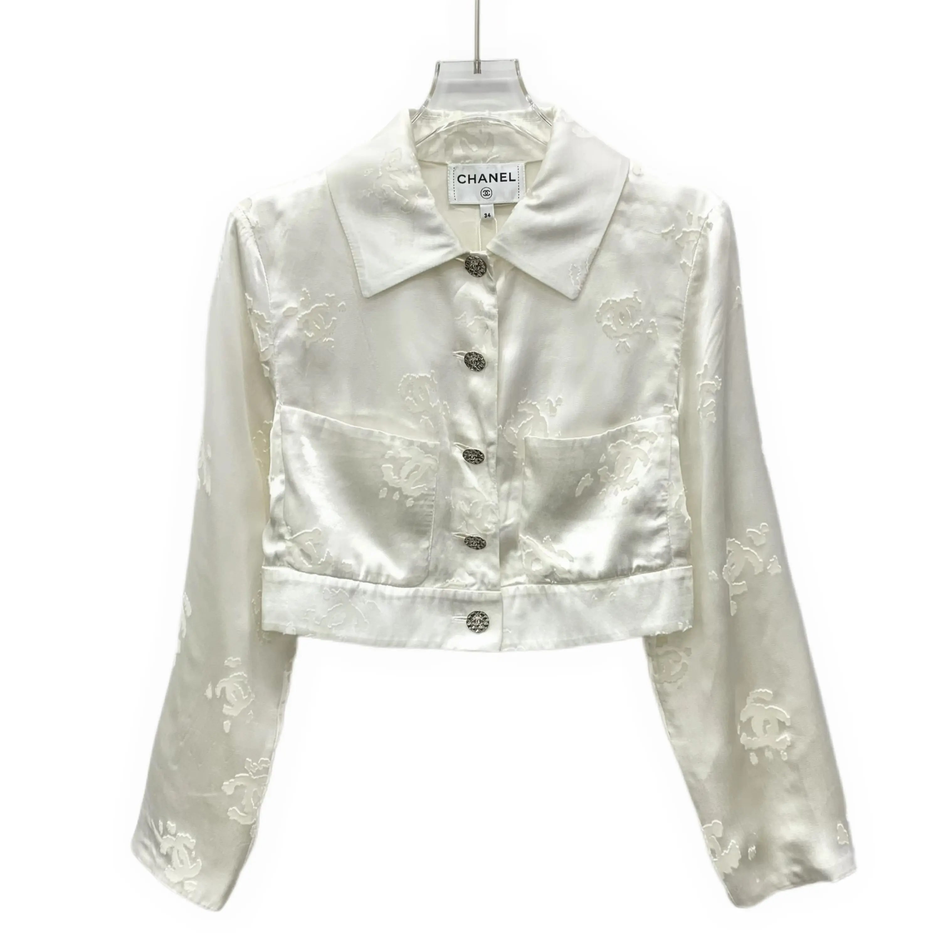 RDLTA- Chanel Beige Logo Jacquard Silk Cropped Jacket Size 34
