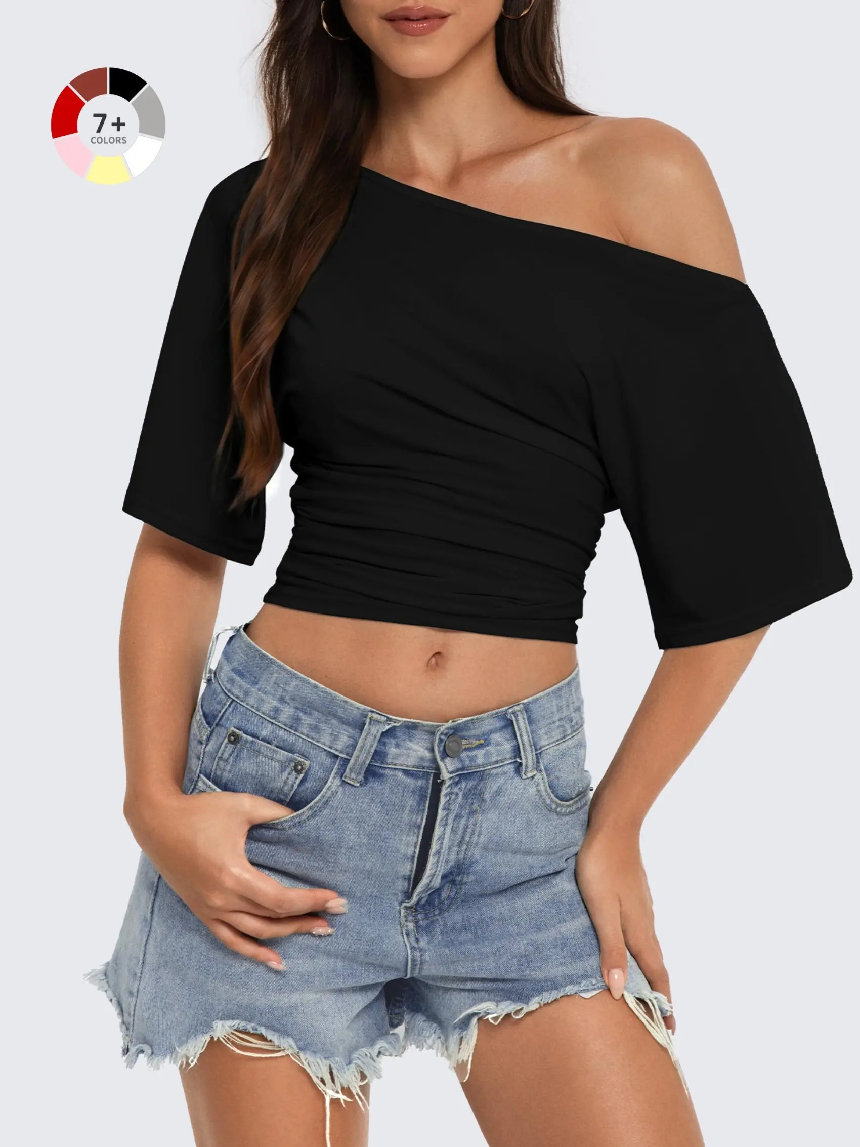 WIETRY Women's Soft Drapey Asymmetrical Off-The-Shoulder Stretch T-Shirt, 2026 Summer Sexy Loose Short Casual Top, Skin-Friendly High-Stretch Fabric, Side Ruched Waist, Solid Color Basic Womenswear, Daily/9-Piece Style Matching, Women's Clothes, Tops, Goi