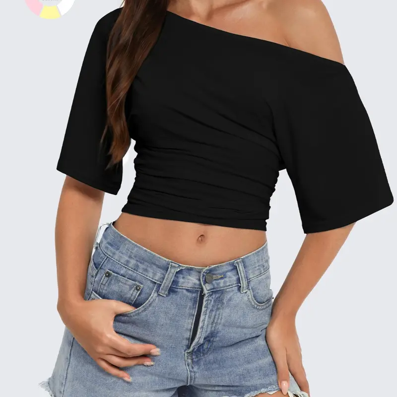 WIETRY Women's Off-The-Shoulder Asymmetrical T-Shirt - 2026 Summer Women's Clothes, Skin-Friendly High-Stretch Drapey Polyester Fabric, Side Ruched Waist, Chic Loose Short Fit, Night Out Top, Going Out Chic Top, W9 Black