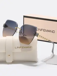 Unisex Cat Eye Rimless Sunglasses, Trendy Casual Chain Design Sunglasses for Everyday Use, Fashion Accessories for Outdoor Activities