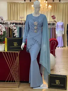 Baju Kurung Moden, Stylish Asymmetrical Hemline, Diagonal Draping, Floral Lace Appliques, Mermaid Skirt 8027