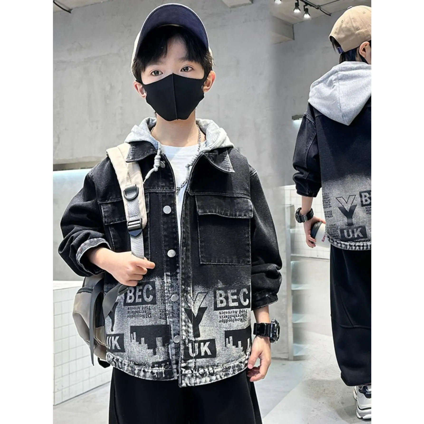 Boys' Stylish Long-Sleeve Polyester Denim Jacket - 9-10y, 11-12y, 13y Sizes, Versatile for Spring & Autumn, Easy to Pair, Travel Essential