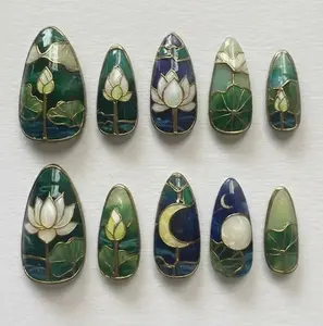 Lotus and Crescent Moon Stained Glass Press On Nails, Rose Gold 3D Line Art Design, Spiritual Coquette Nail Style, Luxury Handmade Reusable Nails for Mom Birthday Gift, Anniversary, Elegant Evening Nails