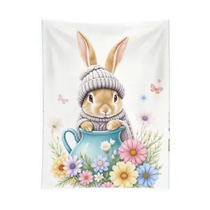 Bunny Mug Tapestry Rustic Winter Wall Decor bedroom wall Bunny Wearing Knit Hat And Scarf Sitting In Teapot Surrounded By Colorful Flowers Canvas Print Acrylic Pendant Ornament For Living Room Bedroom Easter Gift For Kids