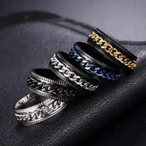 Men's Vintage Stainless Steel Link Anxiety Ring Simple Punk Fashion Chain Turnable Ring