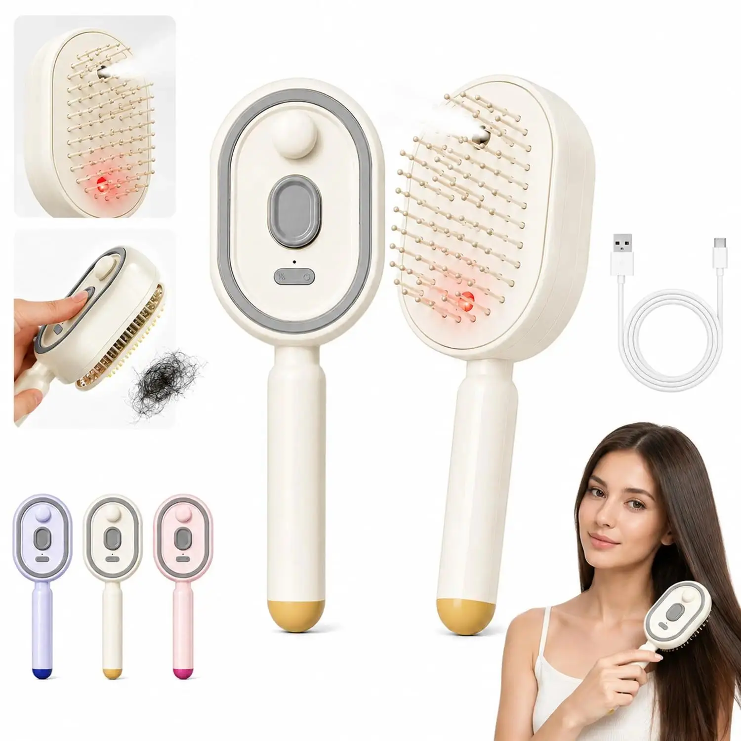 Rechargeable Electric Spray Hair Brush Red Light Scalp Massager Comb Detangling Hairbrush Self-Cleaning Anti-Static Hair Growth Massage Comb Portable Hair Care Styling Tool Viral TikTok Hair Essentials For Women Dry Damaged Hair