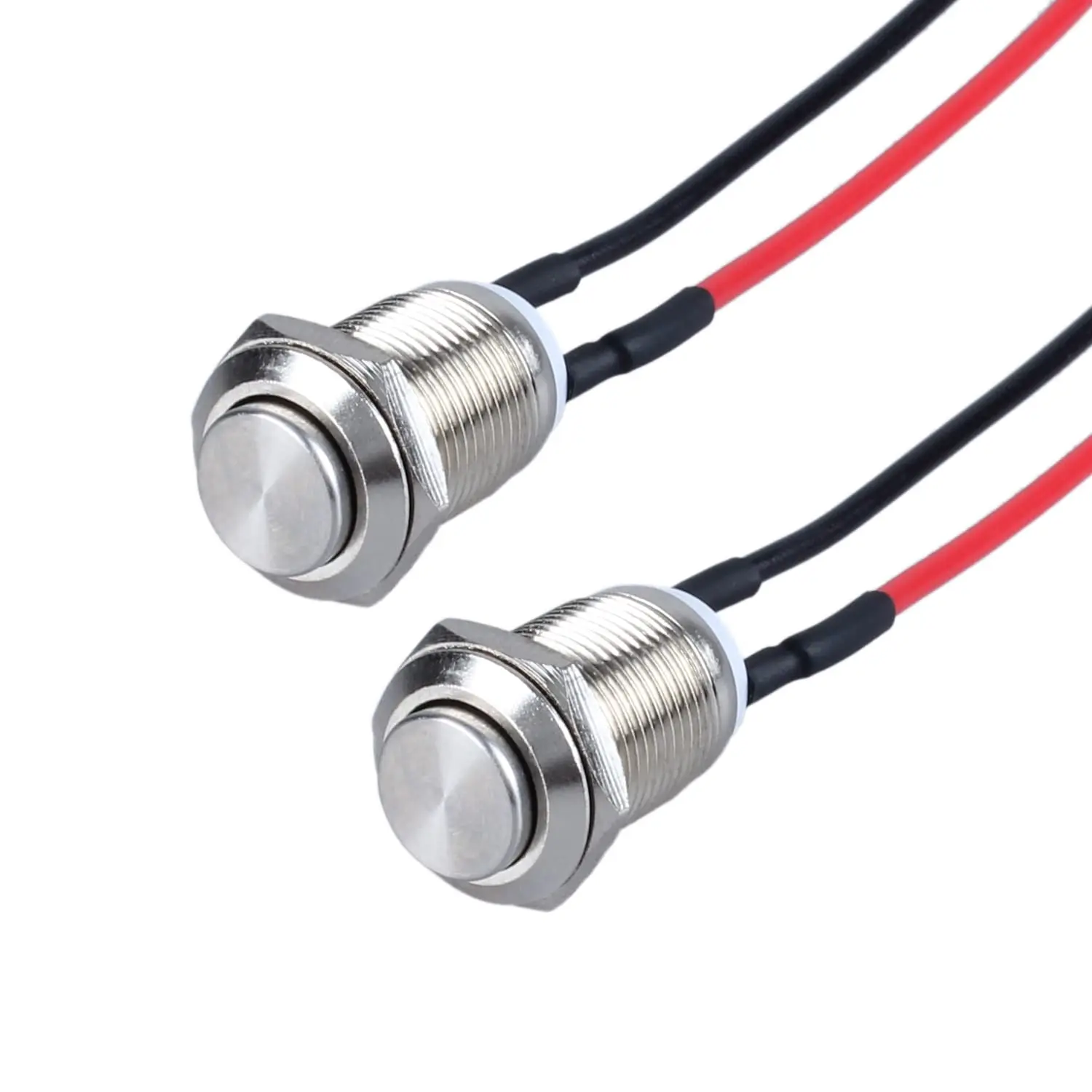 2pcs Momentary Metal Push Button Switch with Cable - 12mm Size, 1/2" Mounting Hole, Raised Head, IP66 Waterproof, Anti-Vandal Rate, Pre-Soldered, 250V 2A 1NO, 2A 12/24VDC, 1A 250VAC, Compatible with Instruments, Home Appliances