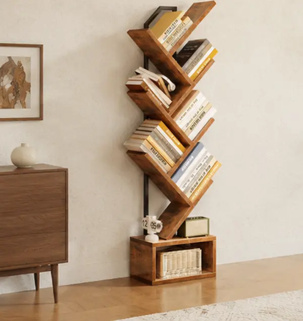 6-Tier Tree Bookshelf for Small Spaces, Narrow Steel & Wood Bookcase with Storage Cabinet, Vintage