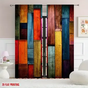2D Flat Abstract Print Wooden Curtain Set, 2 Pieces, Drapery for Bedroom Office Living Room Kitchen Cafe Vacation House
