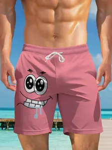 Men's Cartoon Print Beach Shorts, Summer Casual Quick-Dry Short Pants, Breathable Comfortable Swimwear, Drawstring Waist, Loose Fit