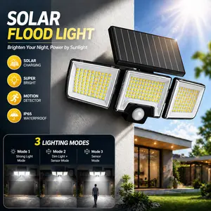 Solar Motion Sensor Outdoor Light 3-Head 216 LED Security Floodlight with Remote Control IP65 Waterproof Adjustable Wall Lamp Solar Powered Exterior Light for Garden Garage Yard Porch Driveway SummerVibes