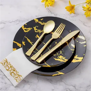Black and Gold Disposable Dinnerware Set for 50 Guests, 350PCS Plastic Plates for Party, Include: 50 Dinner Plates, 50 Dessert Plates, 50 Napkins, 50 Cups, 50 Gold Plastic Silverware Set