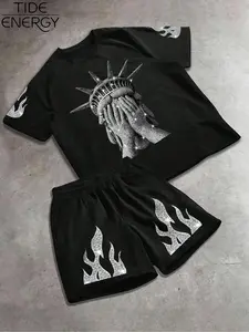 Men's Loose Fit Short Sleeve Shorts Set, Embroidered Lady Liberty & Silver Color Flame Print, Soft Breathable Street Style Tee Shorts Set