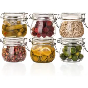 16oz - 6 Pack Round Glass Jars with Airtight Lid, Wide Mouth Mason Jars with Clamp Lids, Air Tight Glass Canisters, Food Storage Containers for Cereal, Pasta, Beans, Sugar, Coffee, Spice