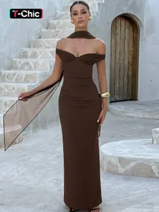Women's Wrapped Ruched Back Split Sleeveless Bodycon Solid Tie Tube Dress & Halter Neck Scarf Ribbon Two-piece Set, Sexy Strapless Backless Plain Slit Slip Dress, Formal, Party Club Date Evening Gown Wedding Guest Maxi Dresses Outfit For Ladies Clothes
