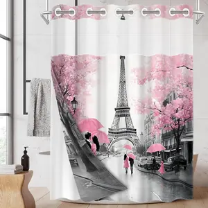 1pc hookless shower curtain with liner, Eiffel Tower cherry blossom street scene design 2D flat printing, fabric waterproof liner with window, double-layer shower curtain, 71 x 74 inches, modern home curtain decoration, Bathroom Curtain