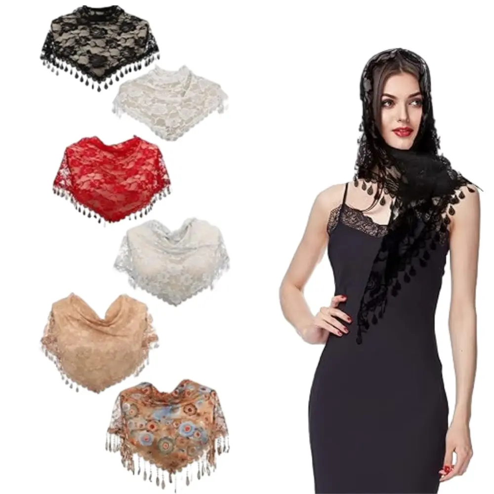 Pack Of 6 Catholic Mantilla Veil Set Suitable for Wedding Brides & Bridesmaids, Bohemian Floral Lace Sheer Scarf & Latin Mass Veil with Church Headband,for Mass, Baptism
