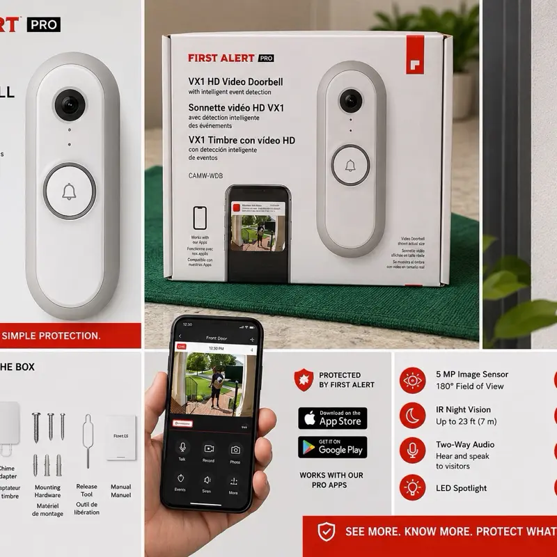 NEW First Alert Pro VX1 HD Video Doorbell CAMW-WDB | 5MP | 180° View | Dual-Band Wi-Fi