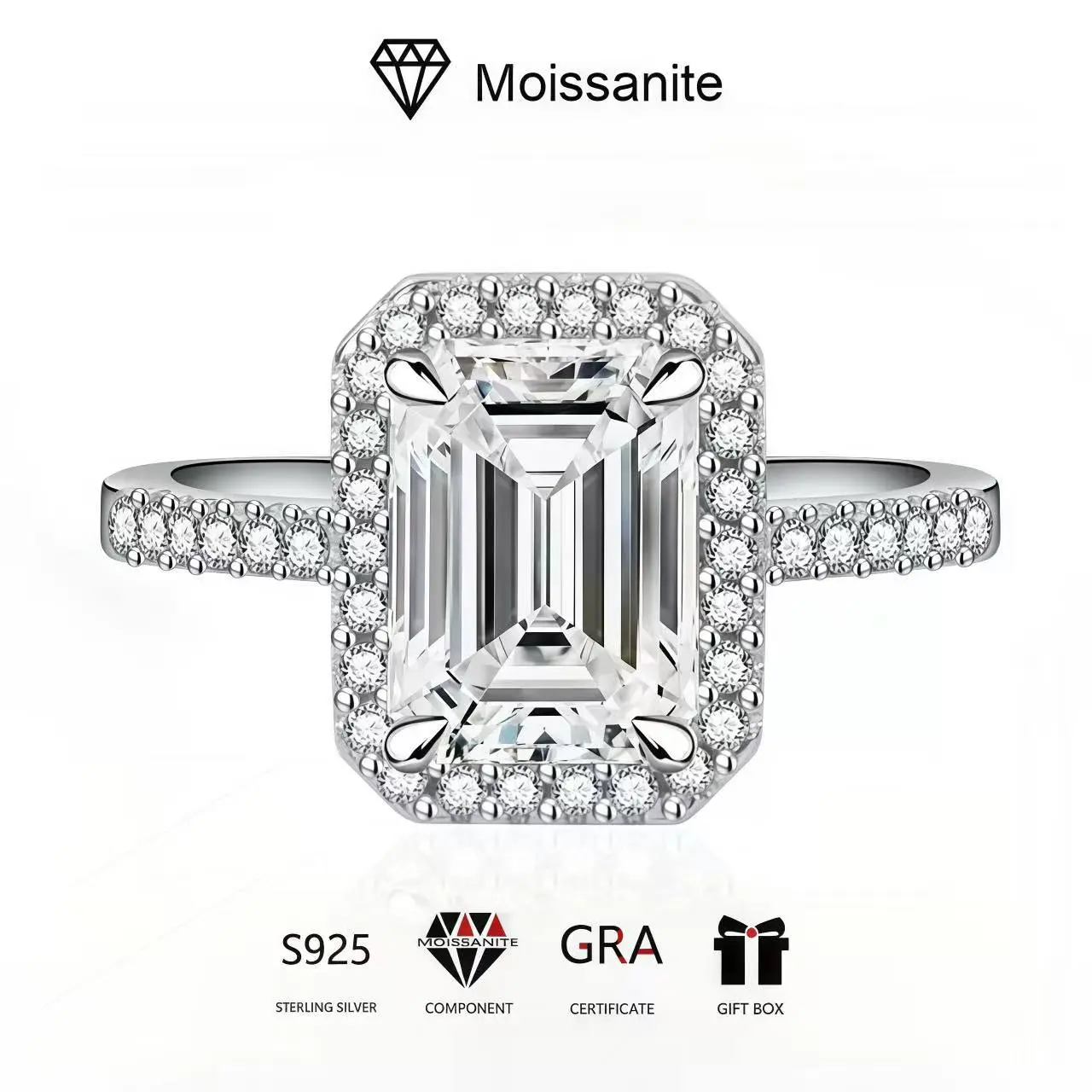 Women's D Color Moissanite 2 Karat Emerald Cut Engagement Ring - 925 Sterling Silver Beading & Jewelry Making Supply, Durable, European-American Style, High-End Texture, Female Adults' Main Character Daily Wear Piece