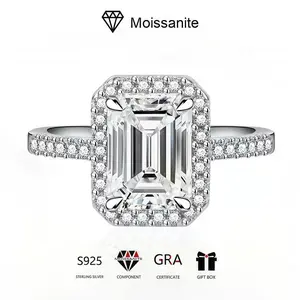 2 Carat Emerald Cut Moissanite Ring High-end Feel Women's European and American Cross-border Texture 925 Sterling Silver Jewelry