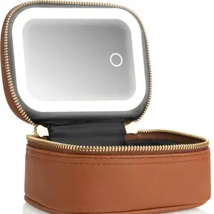 Portable Mini Makeup Bag with LED Fill Light Mirror, Waterproof PU Leather Travel Cosmetic Pouch, Touch Control 3-Level Dimmable Rechargeable Small Storage Bag for Women, Ideal for Jewelry, Toiletries & Mini Cosmetics, 7 Colors