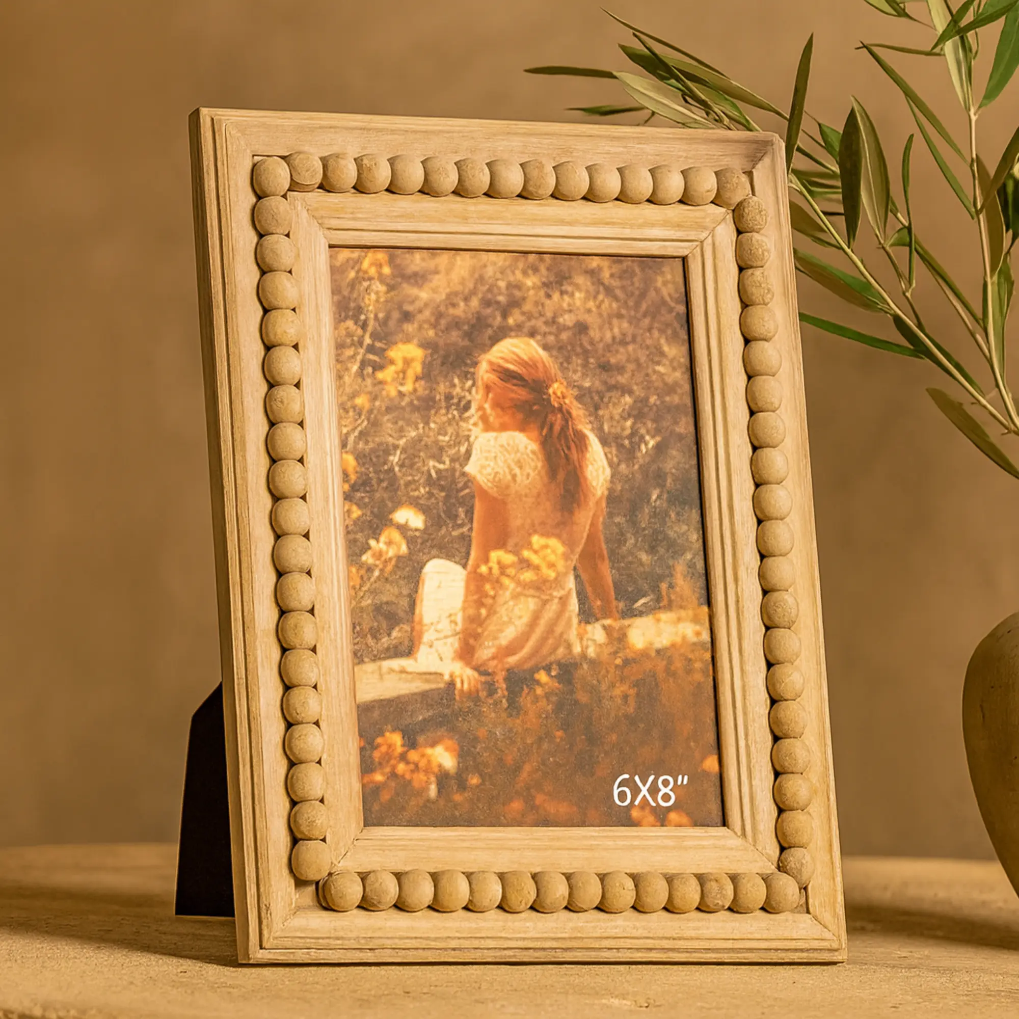 Light Brown Wood Beaded 1-Slot Ornate Photo Frame with Glass, Ideal for Prints, Home Decor, and Gifting, Metal