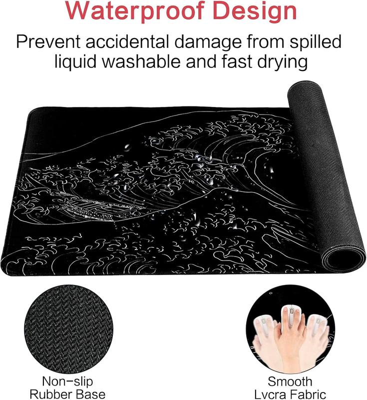 Japanese Sea Wave Gaming Mouse Pad, Anime Gaming Mousepad, Extended Kanagawa Mat Desk Mat, Large Desk pad 31.5x11.8 Inch 2mm Thick Long Non-Slip Rubber Base Mouse Pads (Black)