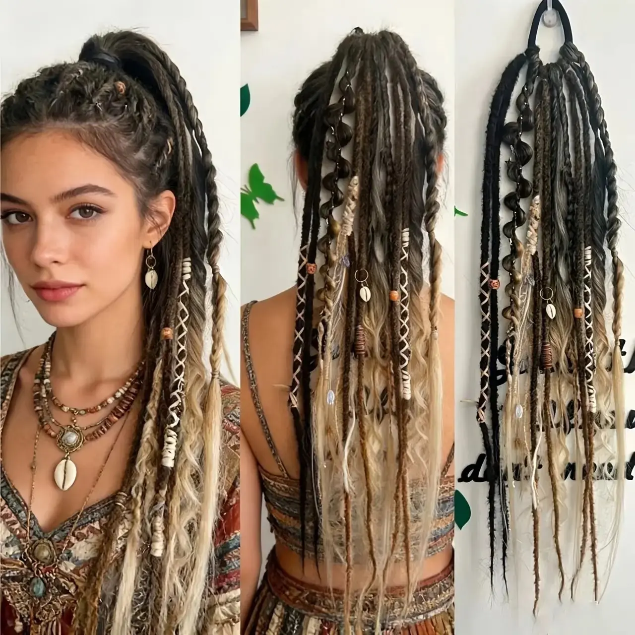Boho Ombre Dreadlock Ponytail Hair Extension, Bohemian Box Braids with Shell Beads, Messy Dreadlocks for Women, Festival Cosplay HairstyleGift.
