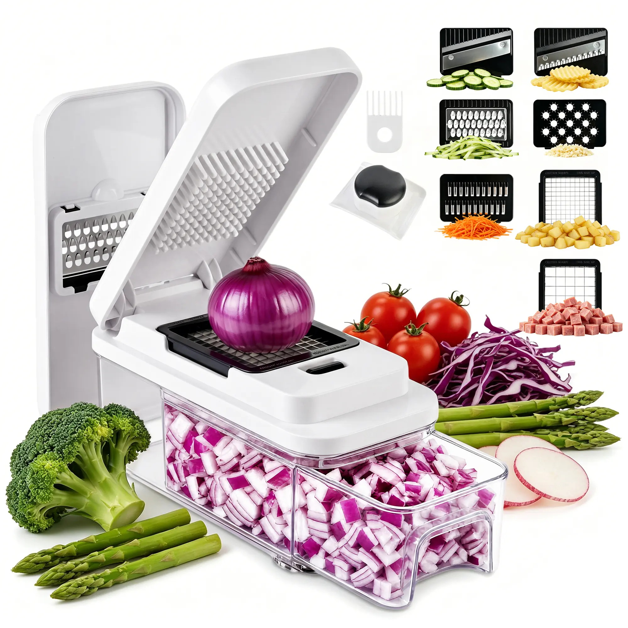 SUSTEAS 7-in-1 Vegetable Chopper, Onion Chopper & Vegetable Dicer with 7 Interchangeable Blades, 1.2L Container, Multifunctional Food Chopper for Slicing, Dicing & Grating