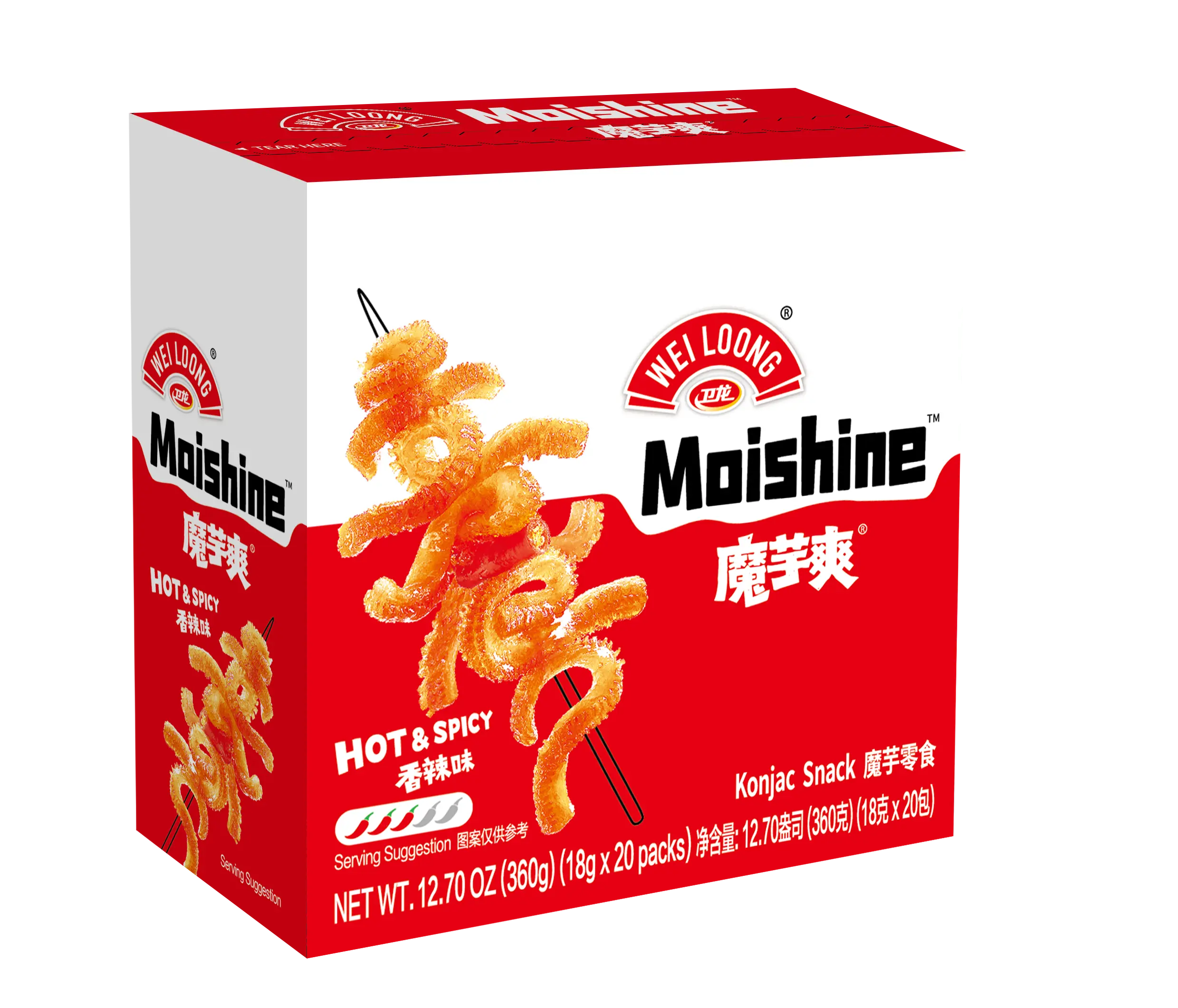 WEILOONG Moishine Spicy Konjac Snacks 360g (20 Individual Packs) – Bold Chili Flavor, Chewy Plant-Based Snack