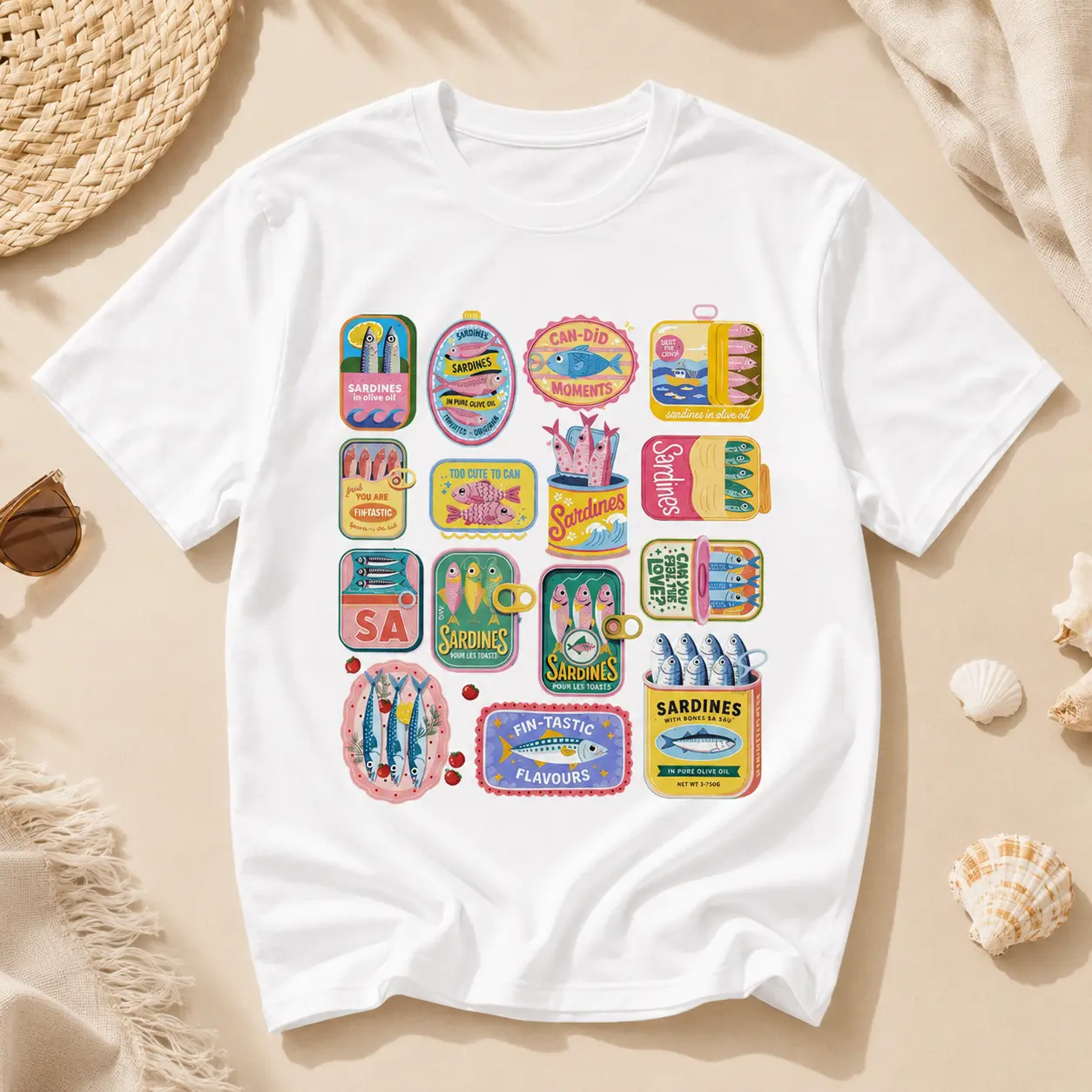 Vintage Sardine Can Shirt Retro Tin Fish Shirt Mediterranean Food Shirt Coastal Aesthetic Tee Foodie Gift Tinned Fish Club Graphic T-Shirt Picnic Core Summer Top Cute Seacuterie Board Apparel Colorful Sardines Comfort Colors Tee Sea Foodie
