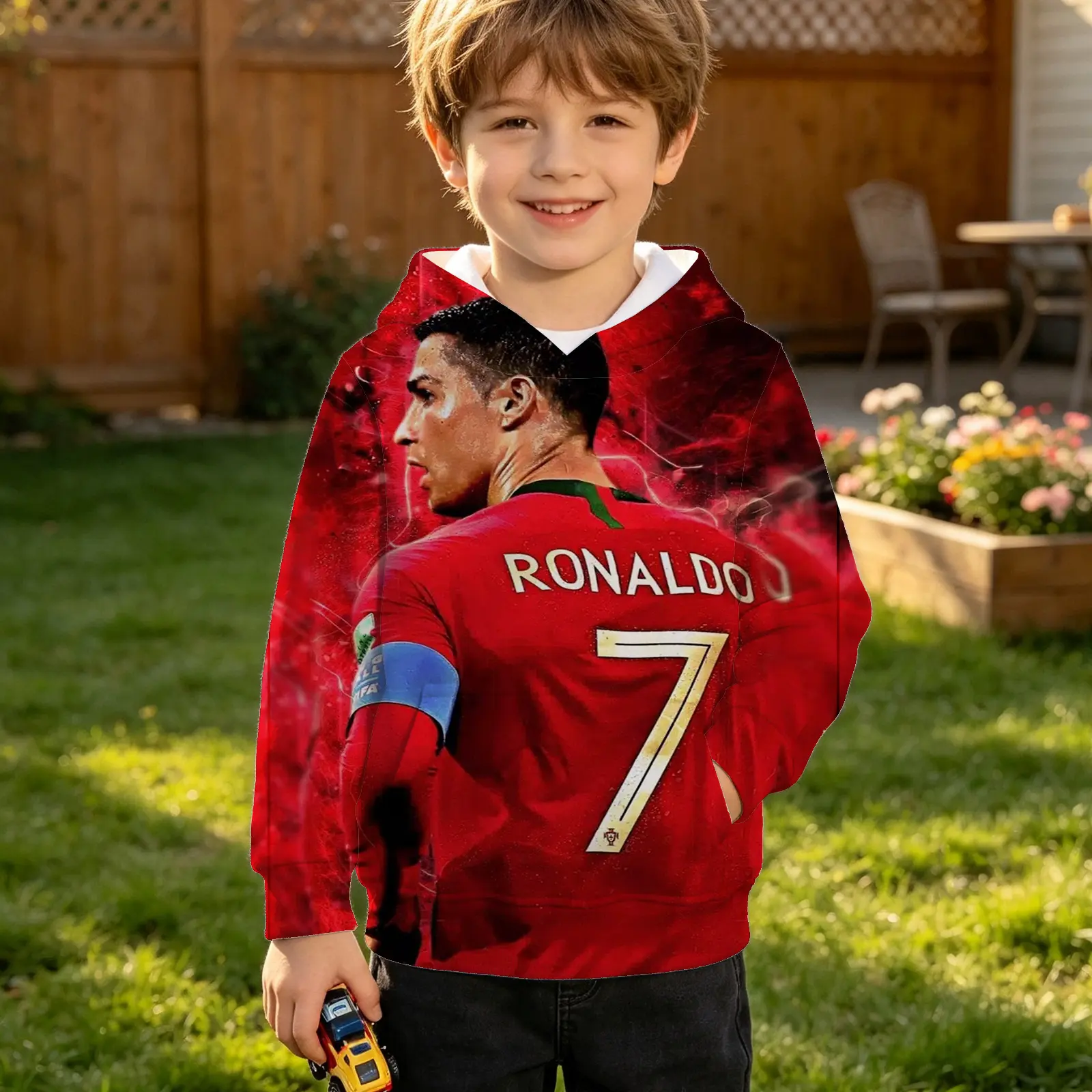 Boys' CR7 Graphic Hoodie - 3D Full Print Soccer Star Pullover Sweatshirt with Kangaroo Pocket, Casual Kids' Sport Top